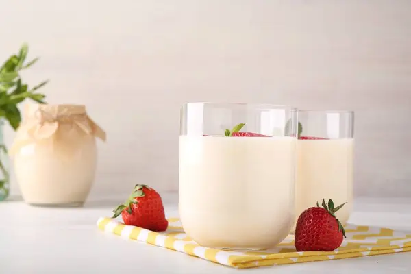 Tasty Yogurt Strawberries Glasses White Wooden Table Closeup Space Text — Stock Photo, Image