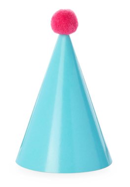 Bir açık mavi parti şapkası, ponponu beyaza ayrılmış.