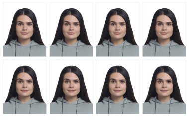 Pasaport fotoğrafı, kolaj. Beyaz arka planda bir kadın, bir dizi fotoğraf