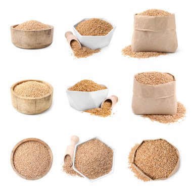 Beyaz, üst ve yan görünümlerde izole edilmiş kuru buğday Groats ile set