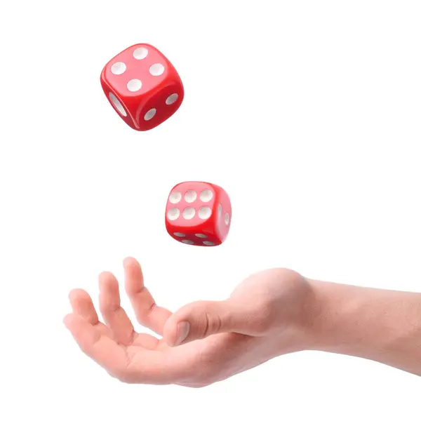Man Throwing Red Dice White Background Closeup — Stock Photo, Image