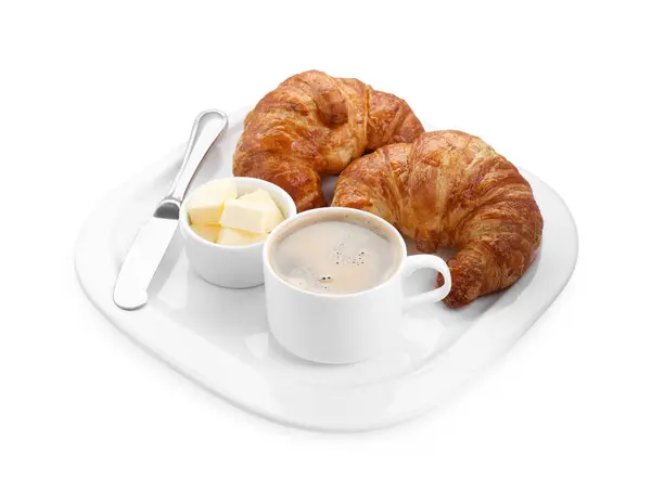 Colazione Gustosa Tazza Caffè Burro Croissant Freschi Isolati Bianco — Foto Stock
