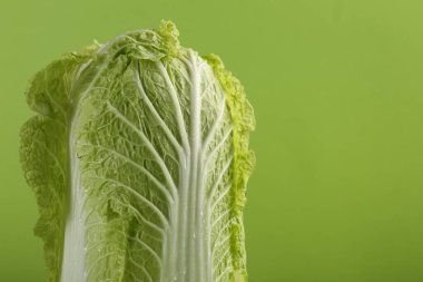 Açık yeşil arka planda taze Çin lahanası, yakın plan. Metin için boşluk