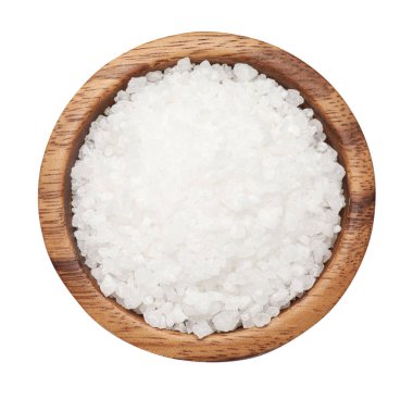 Natural salt in wooden bowl isolated on white, top view
