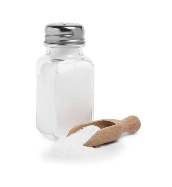Natural salt in shaker and scoop isolated on white clipart