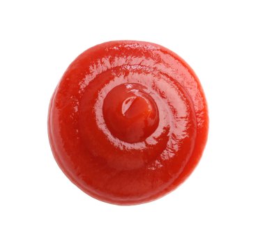 Lezzetli ketçap beyaza izole edilmiş, üst manzara. Domates sosu.