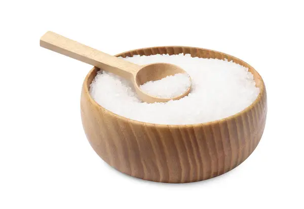 Naturalna Sól Drewnianej Misce Łyżce Białym Tle — Zdjęcie stockowe