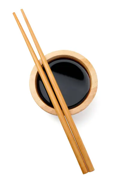 Tasty Soy Sauce Bowl Chopsticks Isolated White Top View Royalty Free Stock Images