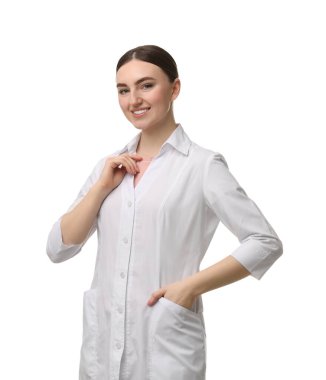 Beyaz arka planda kozmetik uzmanı.