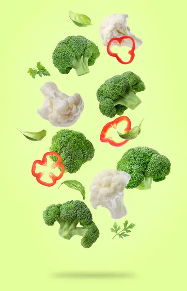 Świeże Warzywa Zioła Powietrzu Jasnozielonym Tle — Zdjęcie stockowe