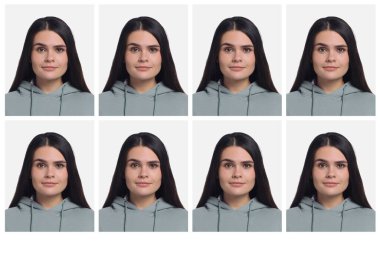 Pasaport fotoğrafı, kolaj. Beyaz arka planda bir kadın, bir dizi fotoğraf