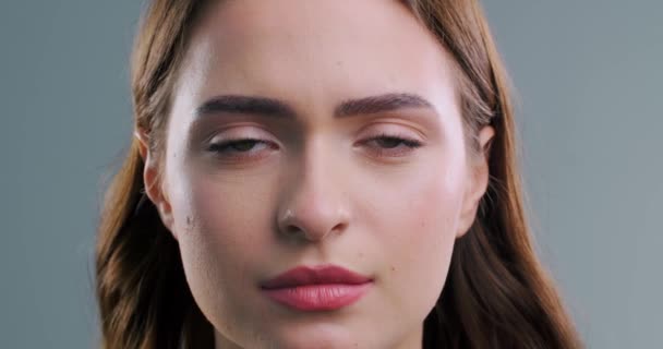 Beautiful Sad Woman Light Grey Background Closeup — Stock Video