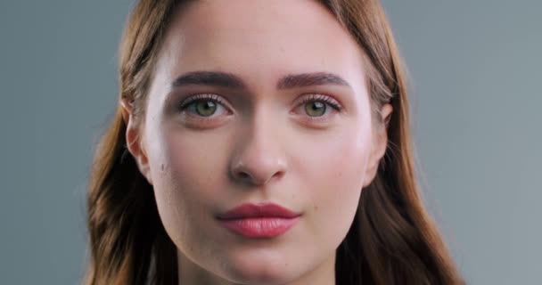 Beautiful Sad Woman Light Grey Background Closeup — Stock Video