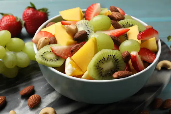 Tasty Fruit Salad Bowl Ingredients Table Closeup — Stock Photo, Image