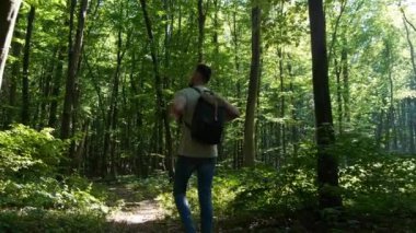 Doğayla birlik. Güneşli bir günde ormanda yürüyen adamı izleyen kamera.