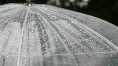 Şeffaf şemsiye yüzeyi açık havada yağmur damlaları, yakın görüş