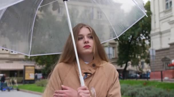 Junge Schöne Frau Mit Regenschirm Friert Während Sie Auf Jemanden — Stockvideo