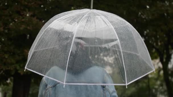 Frau Mit Durchsichtigem Regenschirm Regentagen Freien Rückseite — Stockvideo