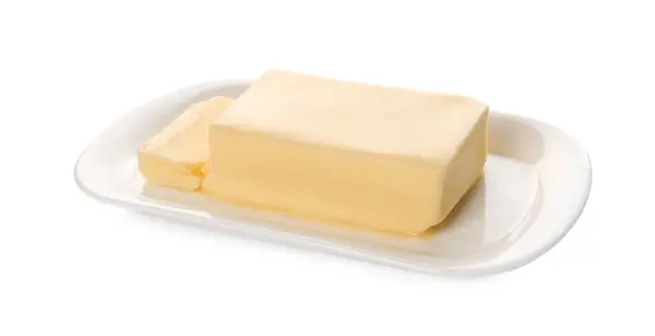 白で分離された皿の美味しいバター ストック画像