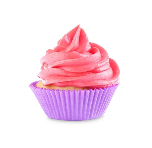 Delizioso Cupcake Con Crema Rosa Isolata Bianco — Foto Stock