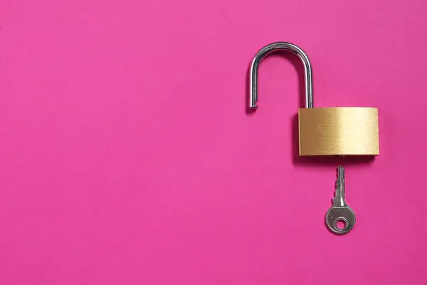 Steel padlock with key on pink background, top view. Space for text