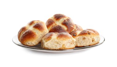 Lezzetli sıcak çörekler beyazda izole edilmiş.