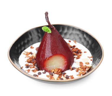 Lezzetli kırmızı şarap armut, müsli ve yoğurt.