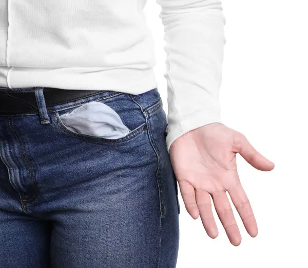 Poor woman showing empty pocket on white background, closeup