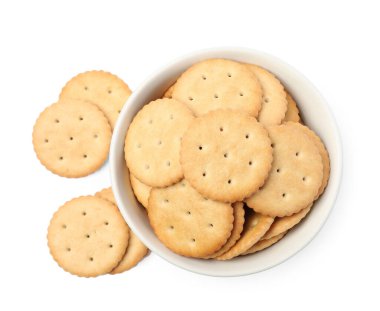 Beyaz kasedeki leziz krakerler, üst manzara.