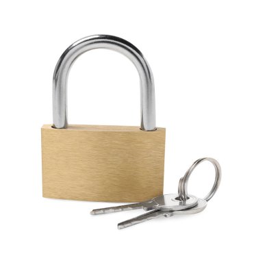 Çelik asma kilit ve anahtarlar beyaza izole edildi