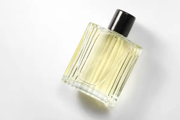 Luxe Heren Parfum Fles Witte Achtergrond Bovenaanzicht Ruimte Voor Tekst — Stockfoto