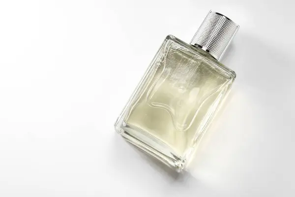 Luxus Férfi Parfüm Üvegben Fehér Háttérrel Felülnézetből Szöveg Helye — Stock Fotó