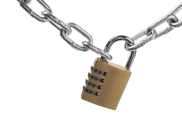 Steel combination padlock and chain isolated on white