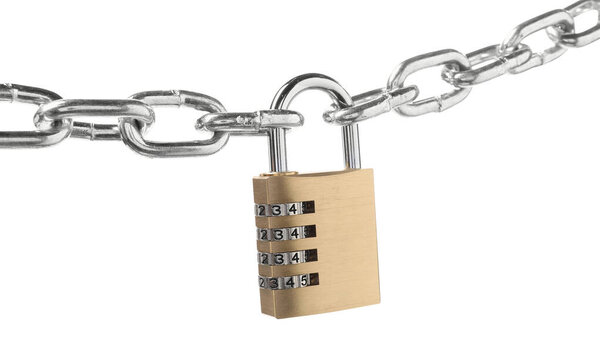 Steel combination padlock and chain isolated on white