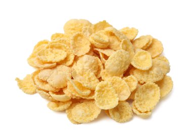 Kahvaltı gevreği. Lezzetli mısır gevrekleri beyazda izole edilmiş.