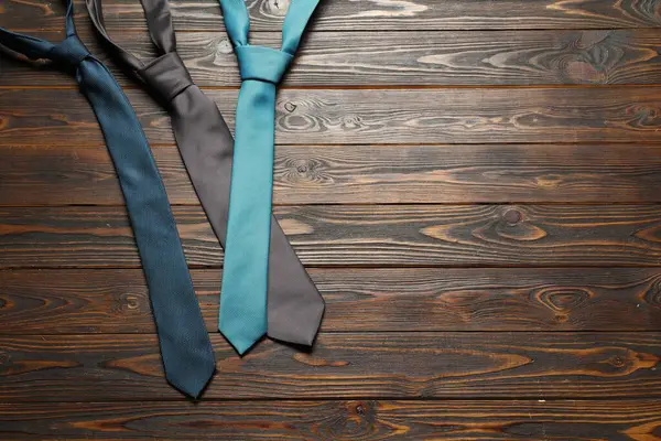Different Neckties Wooden Table Flat Lay Space Text — Stock Photo, Image