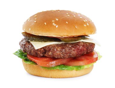 Lezzetli köfteli burger beyaz üzerine izole edilmiş.