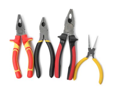 Group of different pliers isolated on white, top view clipart