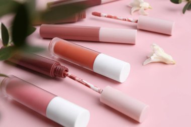Farklı dudak parlatıcıları, aplikatörler, çiçekler ve yeşil yapraklar pembe arka planda, yakın plan