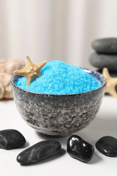 Light Blue Sea Salt Bowl Spa Stones Starfish White Table — Stock Photo, Image