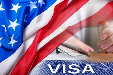 Amerika Birleşik Devletleri 'ne vize, ABD bayrağıyla çoklu pozlama.