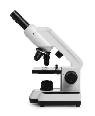 Modern mikroskop beyaza izole edilmiş. Tıbbi ekipman