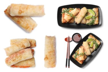 Beyaz manzarada izole edilmiş bir dizi lezzetli kızarmış börek.