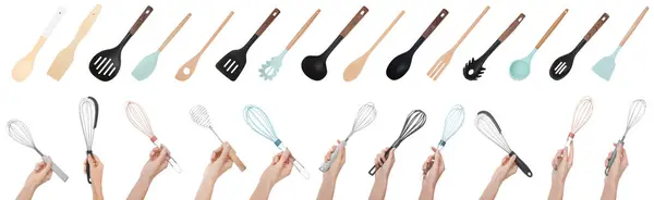 stock image Women holding different whisks, set of closeup photos. Different kitchen utensils on white background
