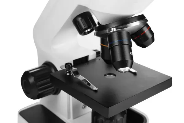 Modern Microscope Isolated White Medical Equipment — Stock Photo, Image
