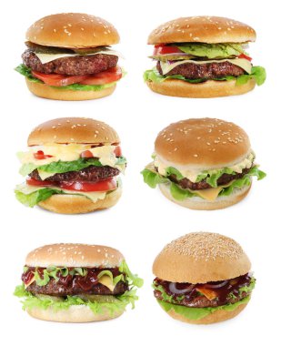 Lezzetli köfteli hamburgerler beyaza izole edilmiş.