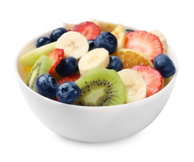 Beyaz tenceredeki lezzetli meyve salatası.