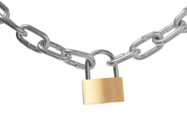 Çelik asma kilit ve zincir beyaza izole edildi