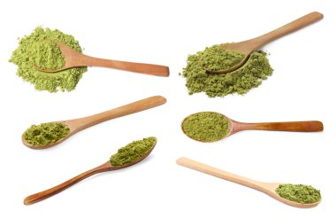 Beyaz, üstten ve yandan izole edilmiş kaşıklarla kına tozu seti