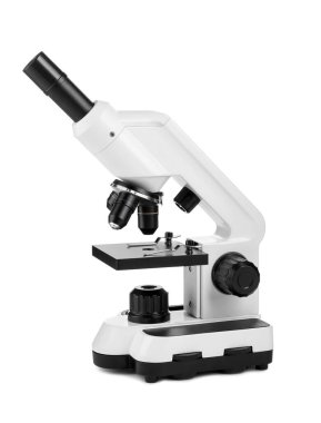 Modern mikroskop beyaza izole edilmiş. Tıbbi ekipman